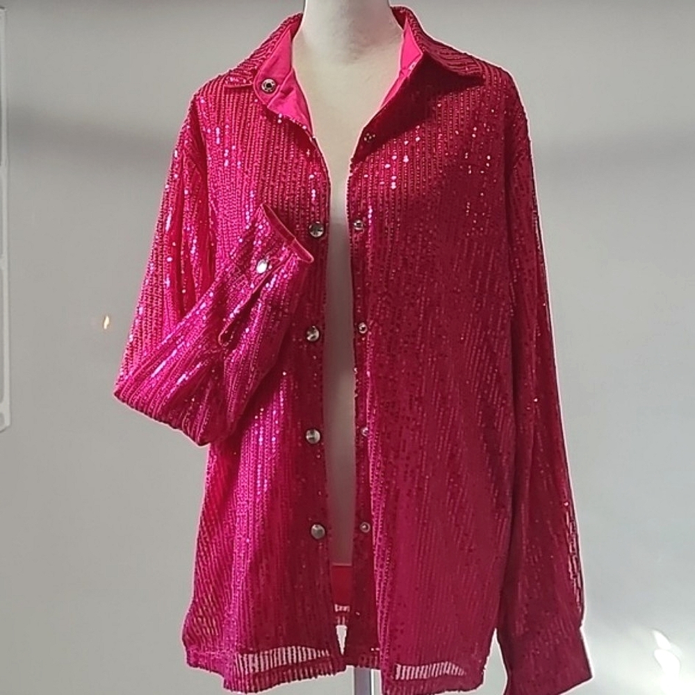 Shein  pink sequined jacket blazer shirt US 6 long sleeve lined festive new
